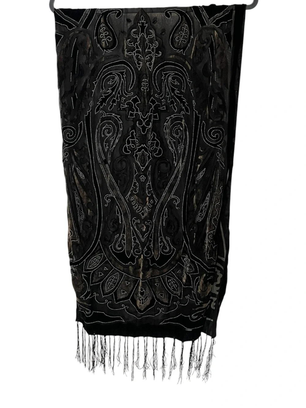 Black Velvet Burnout Paisley Fringe Scarf Shawl